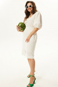 Летнее платье из льна с кружевной отделкой и карманами Mislana С939 молоко - фото 4