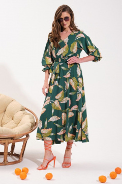 Платье расклешенного силуэта с резинкой по талии и карманами VI ORO VR-1051 зеленый/листья - фото 5