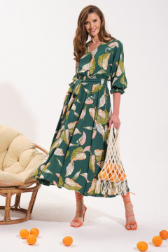 Платье расклешенного силуэта с резинкой по талии и карманами VI ORO VR-1051 зеленый/листья - фото 4
