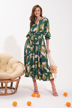 Платье расклешенного силуэта с резинкой по талии и карманами VI ORO VR-1051 зеленый/листья - фото 1