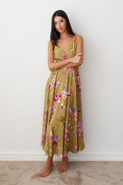 Повседневное зеленое платя из вискозы с цветочным принтом и регулируемыми бретелями ANNETE A3387 - фото 3