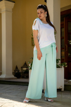 Костюм женский с блузкой и брюками с асимметричной окантовкой Andina 915-1 белый_мята - фото 5