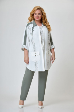 Трехпредметный костюм женский из текстиля с кардиганом, топом и брюками Svetlana-Style 1629 мох+молочный - фото 1