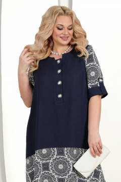 Платье с английским воротом и ленточным поясом Ninele 7421 синий - фото 3