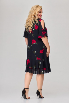 Платье А-силуэта с воланами и капелькой на рукаве из шифона Svetlana-Style 1865 синий+цветы - фото 2