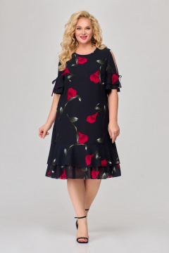 Платье А-силуэта с воланами и капелькой на рукаве из шифона Svetlana-Style 1865 синий+цветы - фото 1