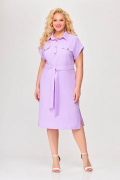 Платье из вискозно-льняной ткани с пуговицами и поясом Swallow 668 светло-фиолетовый - фото 1