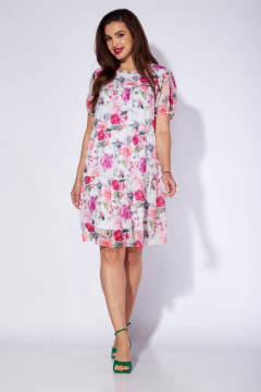 Платье с кокетками, воланами и ажурным вырезом с белым фоном TAiER 1186 розочки - фото 2
