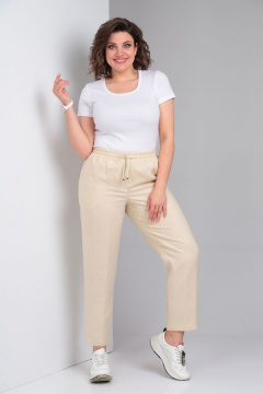 Брюки льняные зауженные к низу с резинкой и прорезными карманами Lady Secret 0168 ванильный - фото 4