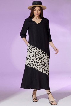 Платье летнее свободное из льна с карманами и V-образным вырезом Faufilure C1455 - фото 1