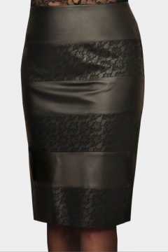 Юбка-карандаш из экокожи и кружева с молнией Klever 279 черный_кружево - фото 1
