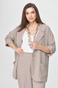 Стильный бежевый жакет оверсайз с карманами и поясом Abbi 6001 серо-бежевый - фото 1