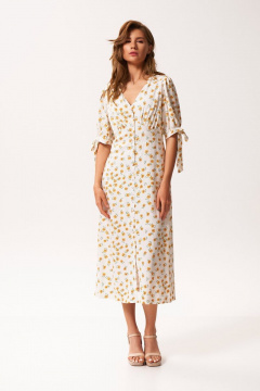 Платье из текстиля с глубоким V-образным вырезом и сборкой KaVaRi 1042 молоко_ромашка - фото 1