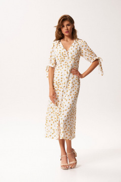 Платье из текстиля с глубоким V-образным вырезом и сборкой KaVaRi 1042 молоко_ромашка - фото 5