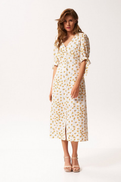 Платье из текстиля с глубоким V-образным вырезом и сборкой KaVaRi 1042 молоко_ромашка - фото 4