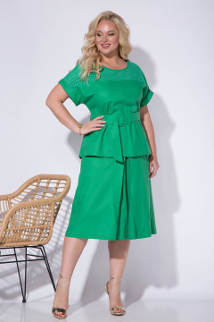 Летний комплект блузона и юбки-брюк с вышивкой из текстиля Liliana 1187 яблоко - фото 5