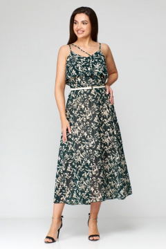 Зеленое шифоновое летнее платье с ремнем Мишель стиль 1131 зелено-бежевый - фото 1