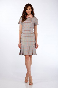 Серое деловое платье из текстиля с рельефными швами Lady Style Classic 1274 розовый с серым - фото 1