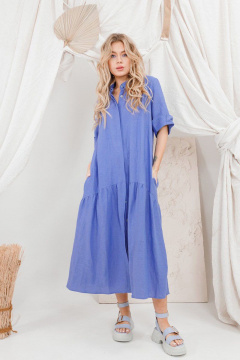 Льняное платье с сборками, рубашечным воротником и карманами AMORI 9646 - фото 1