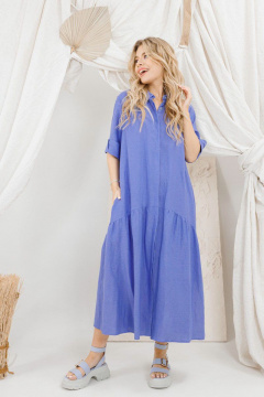 Льняное платье с сборками, рубашечным воротником и карманами AMORI 9646 - фото 2