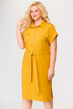 Желтое платье из вискозы и льна с нагрудными клапанами Swallow 668.4 горчица - фото 4