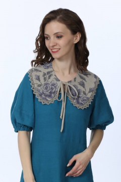 Съемный синий воротник кружево лен хлопок для стильных образов Полинушка 1218 синие_цветы - фото 1