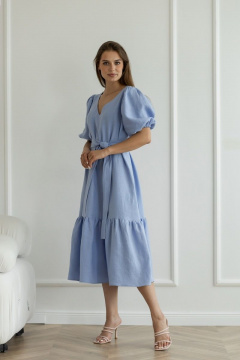Летнее леняное платье с пышными рукавами и глубоким вырезом Atelero 1069 голубой - фото 3