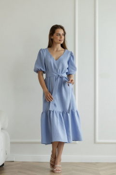 Летнее леняное платье с пышными рукавами и глубоким вырезом Atelero 1069 голубой - фото 1