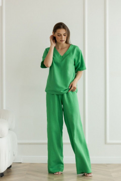 Летний леновый костюм брюки палаццо и блуза с вырезом Atelero 1072 зеленый - фото 1