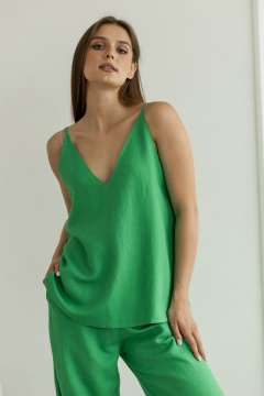 Летний леновый костюм брюки палаццо и топ с глубоким вырезом Atelero 1079 зеленый - фото 5