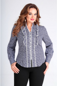 Блуза приталенного силуэта с кружевом и рюшей Таир-Гранд 62179 серо-голубой - фото 1