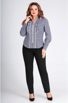 Блуза приталенного силуэта с кружевом и рюшей Таир-Гранд 62179 серо-голубой - фото 3