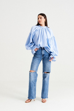 Голубая этническая блуза из льна с объемными рукавами MUA 46-583-blue - фото 4