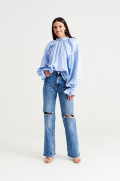 Голубая этническая блуза из льна с объемными рукавами MUA 46-583-blue - фото 2