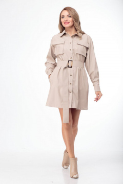 Платье-рубашка из эко-кожи с накладными карманами и ремнем Anelli 800 бежевый - фото 1
