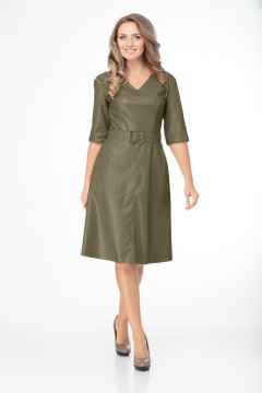 Платье из эко-кожи с пуговицами и съемным поясом Anelli 801 хаки - фото 1