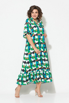 Летнее платье из текстиля с воланом и воротником-стойкой Koketka i K 1049 зеленый-белый - фото 5