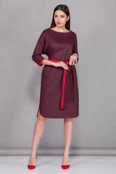 Красное платье прямого силуэта с поясом БАГРЯНИЦА 3022 мелкая_клетка - фото 1