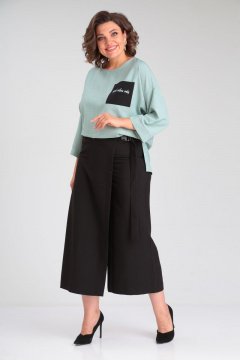 Комплект из брюками-кюлоты и свободной блузой Michel chic 1349 мятный-черный - фото 4