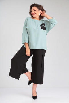 Комплект из брюками-кюлоты и свободной блузой Michel chic 1349 мятный-черный - фото 3