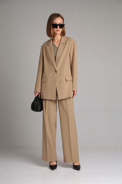 Бежевый костюм двойка из лёгкой костюмной ткани лето Mixan 4039 - фото 1