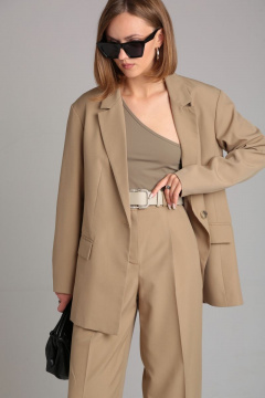 Бежевый костюм двойка из лёгкой костюмной ткани лето Mixan 4039 - фото 2