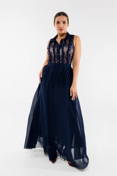 Коктейльное платье из кружева с разрезом и регулируемой горловиной AMORI 9778 темно-синий - фото 1