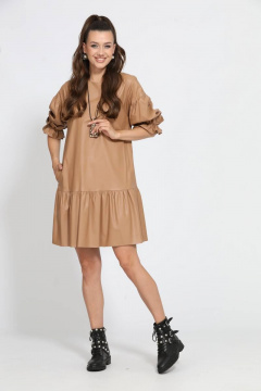 Платье А-силуэта с капелькой и ремнем из эко-кожи Твой имидж 1473 бежевое - фото 1
