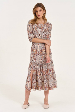Платье свободного кроя с воланами и разрезом LeNata 11354 рисунок-на-бежевом - фото 5