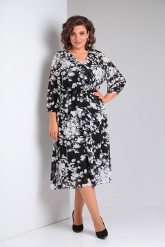 Платье из шифона с воланом и кружевной вставкой LadisLine 1470 веточки - фото 1