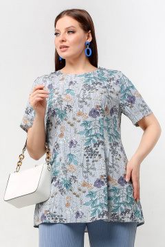 Нарядная блуза с коротким рукавом и рельефами для лета La rouge 6243 голубой-(цветы) - фото 1
