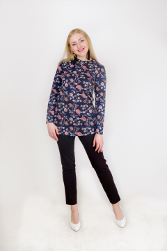 Круглогодичная туника с рукавом летучая мышь и разрезами по бокам Mita ЖМ901 синий+цветы - фото 2