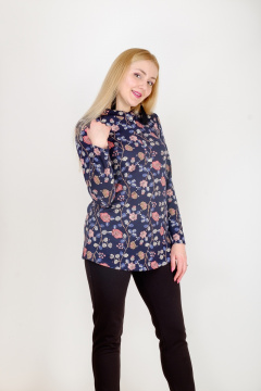 Круглогодичная туника с рукавом летучая мышь и разрезами по бокам Mita ЖМ901 синий+цветы - фото 1