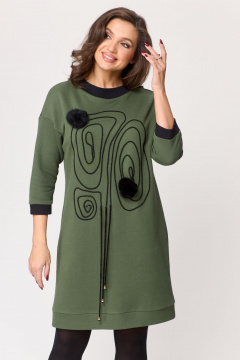 Платье трикотажное с вышивкой и манжетами, на каждый день Michel chic 2153 хаки - фото 5